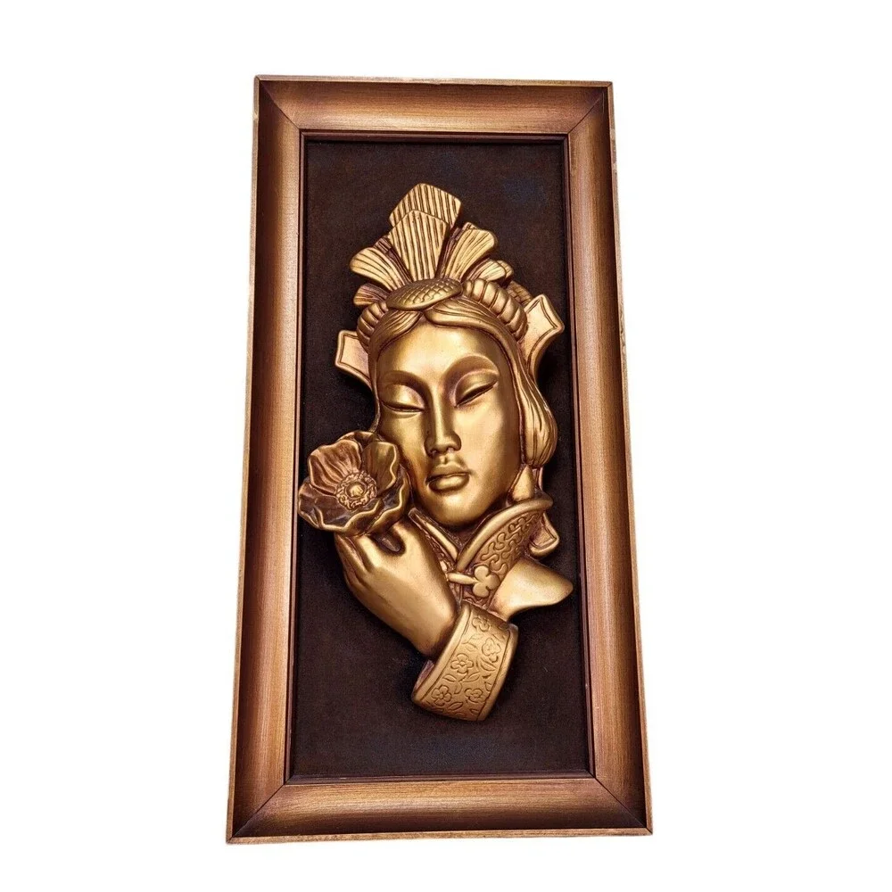 Vintage 50s 60s MCM 3D Gold Chinese Girl Lotus Flower Tretchikoff Green Girl Art